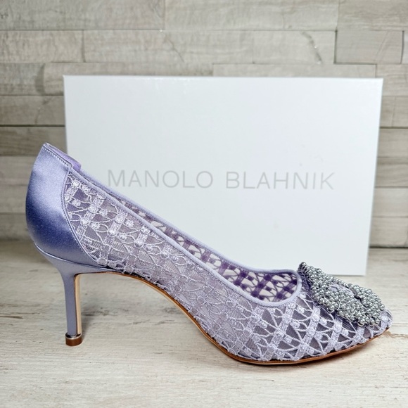 Manolo Blahnik Hangisi Size 38 Lace 70MM Pumps Heels Lilac Periwinkle $1245 New - Picture 11 of 15
